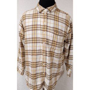 American Eagle Womens Medium Gold Plaid Very Soft Heavyweight Button Up Shirt